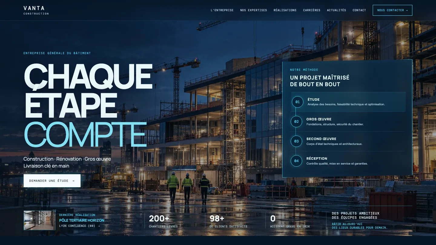 Page d’accueil du site Vanta Construction